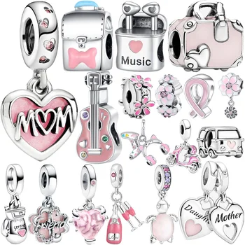 100% Стерлингового Серебра, розовые мотоциклетные подвески, розовое сердце, подвески для мамы, бусины, подходят для браслета Pandora для женщин, подарок на День рождения