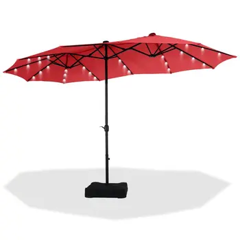 15-футовый двусторонний солнечный зонт для патио с основанием, Большой настольный зонт для улицы с кривошипной ручкой и 36 шт. светодиодных ламп, красный