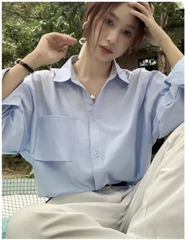 2023 Весенне-летняя Женская одежда, Корейские однотонные рубашки с длинными рукавами, тонкий и свободный дизайн, маленький и уникальный Топ моды
