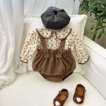 2023 Весенний Новый Комплект одежды для маленьких девочек, Детские Рубашки с длинными рукавами в цветочек + Комбинезон, Костюм из 2 предметов, Милый Комплект комбинезонов для Новорожденных малышей