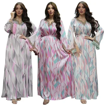 2023 Весенняя роскошная абайя для мусульманских женщин, длинные платья с бриллиантами и V-образным вырезом, Элегантное повседневное платье макси с цветочным принтом в Дубае, одежда для Рамадана