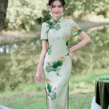 2023 Летнее Qipao Long Для молодых Девушек в китайском стиле, Винтажное Улучшенное представление Cheongsam для Подиума, Банкетное Вечернее платье для женщин