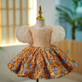 2023 Элегантное платье для девочек, Детское Бальное платье с блестками и бисером, 3D цветок, Бальное платье для Карнавала и Театрализованных представлений, Детский Роскошный Костюм для Подиума