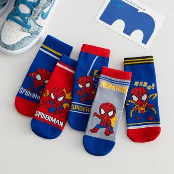5 пар Детских носков Disney с Человеком-пауком из Мультфильма Аниме, Хлопковые носки-трубочки для мальчиков, Детские осенне-зимние носки, Детские носки Размера 1-12 Лет