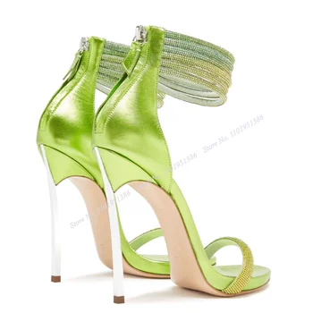 Abesire/ зеленые босоножки с металлическим каблуком и кристаллами, женская обувь на высоком каблуке с застежкой-молнией сзади и открытым носком, Zapatillas Mujer
