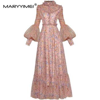 MARYYIMEI/ Весенне-осеннее модное женское платье со стоячим воротником и деревянными ушками, рукава-фонарики, Сетчатые праздничные длинные платья с цветочным принтом