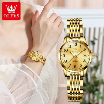 OLEVS, простые женские механические часы, Роскошное золото, нержавеющая сталь, водонепроницаемые, светящиеся, Автоматические часы с календарем для женщин, подарок 6666