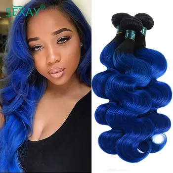 Sexay Blue Объемная Волна 4 Пучка Сделка 10A Перуанские Человеческие Волосы Remy Плетение 3 Шт Темные Корни Омбре 1B Черные Синие Волнистые Человеческие Волосы
