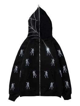 Y2k Толстовка Оверсайз Женская Уличная Толстовка E-Girl Со стразами, Графическая куртка с длинным рукавом, готическая мода