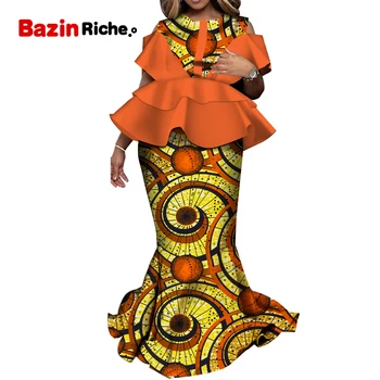 Африканские наряды из двух частей для женщин, модные вечерние платья в стиле пэчворк, Дашики, Базен, Платье Riche, Женская юбка, комплект, Анкара, Большие размеры, WY9