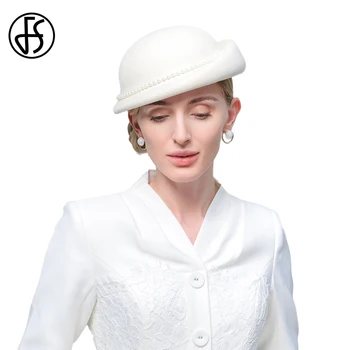 Белый берет FS, Британский винтажный роскошный женский цилиндр, Шляпа для свадебной церемонии, осенне-зимние шерстяные фетровые шляпы, Элегантная церковная шапочка с жемчугом