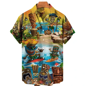 Гавайская мужская рубашка Уличного Пляжного размера Оверсайз 5XL с 3D Принтом Черепа, Летняя Однобортная Повседневная Модная Одежда с короткими рукавами