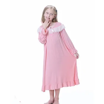 Детская Бело-Розовая Хлопчатобумажная Ночная рубашка с длинными рукавами, Детская Пижама Принцессы с Бантом, Красивая Ночная Рубашка, Милая Домашняя Одежда Для маленьких девочек