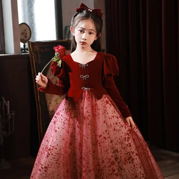 Детский День Рождения, Осенне-Летнее Красное Вечернее Платье Высокого класса в стиле Хепберн с Длинными рукавами для девочек, Бархатное платье Принцессы