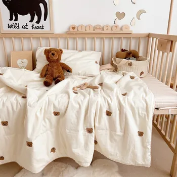 Детское весенне-летнее Стеганое одеяло с вышитым медведем, Хлопковое детское одеяло, одеяло для новорожденных, Стеганое одеяло, детское постельное белье