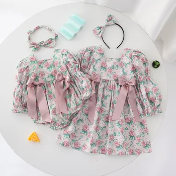 Детское платье с цветочным бантом для девочек, Комбинезон с цветочным принтом для маленьких сестер и старшей сестры, Подходящая одежда с длинными рукавами, Боди для новорожденных