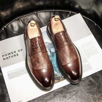 Дизайнерская брендовая черная кожаная обувь для мужчин, модельная обувь, Повседневные деловые Оксфорды на шнуровке, Офисная официальная обувь с острым носком, мужская обувь B187