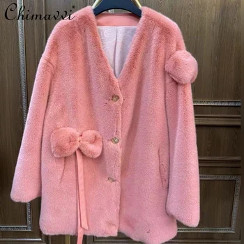 Женская куртка с длинным рукавом из европейского меха, Двусторонняя шерстяная кожаная теплая шуба, тяжелый дизайн, Повседневная элегантная розовая куртка, новинка зимы