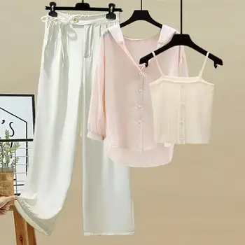 Женская летняя повседневная рубашка размера плюс 2021 в корейском стиле + солнцезащитный жилет + узкие брюки, костюм-тройка