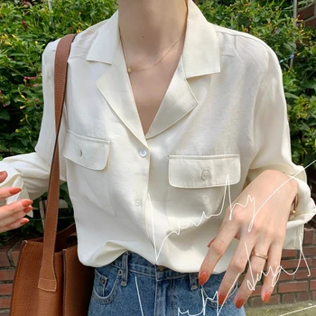 Женская милая однотонная блузка Clothland с отложным воротником, рубашка с длинным рукавом и карманами, Офисная одежда, повседневные топы Blusa LA870