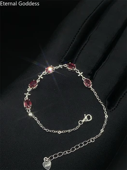 Женский браслет из стерлингового серебра 925 пробы с натуральным рубином, подарки для вечеринок, высокие ювелирные изделия, браслет из серебра 6 * 4 мм, ювелирные изделия