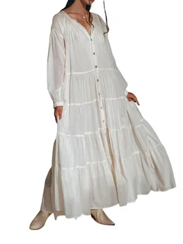 Женское Длинное платье в стиле Бохо с Длинным рукавом, повседневное, однотонное, с пуговицами спереди, с V-образным вырезом, Многоуровневое Макси-платье, Свободное, Струящееся Пляжное платье