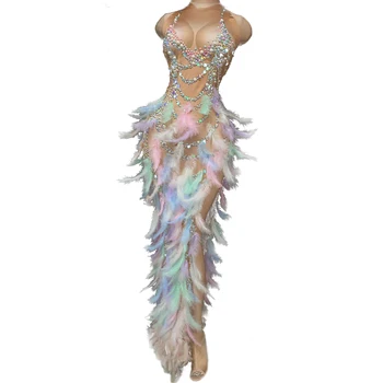 Женское эластичное платье для выпускного вечера без рукавов, наряд для выступления на сцене, платье со стразами и перьями