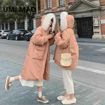Зимняя куртка UMI MAO Girlfriend Хлопковое пальто с большим шерстяным воротником, Корейское Свободное Женское пальто средней длины выше колена, утолщенное