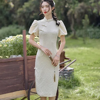 Китайский стиль, Восточный Ципао с коротким рукавом и воротником-стойкой, Классический женский Винтажный Чонсам с высоким разрезом