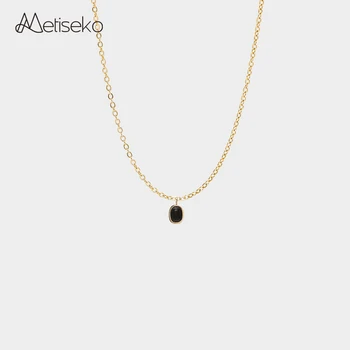 Колье-чокер из стерлингового серебра Metiseko 925 пробы, цепочка из 14-каратного золота с имитацией кулона из черного агата, простое ожерелье для женщин