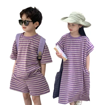 Комплект одежды из 2 предметов для мальчиков и девочек, детские комплекты с короткими рукавами, Шорты для мальчиков и платье-толстовка в полоску для девочек