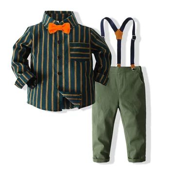 Комплекты одежды для джентльменов для мальчиков, Весенне-осенние Детские вечерние костюмы, Рубашка с длинными рукавами + Брюки на подтяжках, повседневные комплекты детской одежды