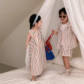 Корейская детская одежда, Модный Свободный костюм с короткими рукавами для мальчиков, летние полосатые платья без рукавов для девочек от 1 до 6 лет