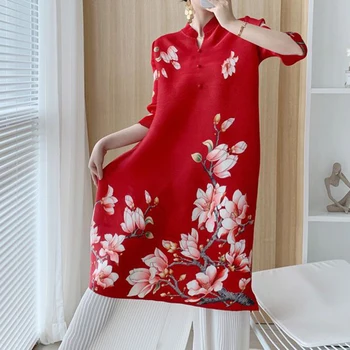 Красное платье в китайском стиле в стиле ретро 2023, осеннее свободное летнее цельное платье для официальных мероприятий, корейское женское платье