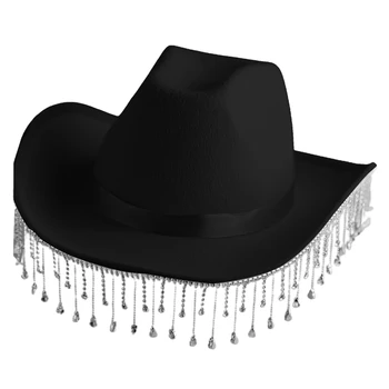 Легкая фетровая шляпа с украшением из страз и кисточек для женщин и мужчин, Дышащая ковбойская кепка с закатанными полями в западном стиле