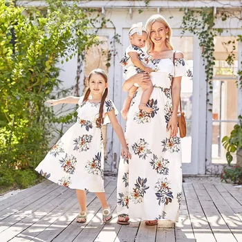 Летнее новое шифоновое платье с цветочным принтом на одно плечо для родителей и детей, цветущее женское платье для матери в европейском и американском стиле