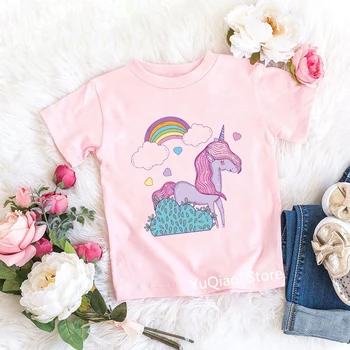 Милая розовая футболка с рисунком единорога и животных для девочек, летняя детская одежда, милая футболка с коротким рукавом для малышей, топы для подростков