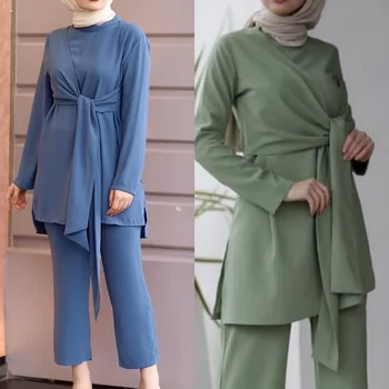 Модная исламская одежда Lugentolo, Мусульманские комплекты, Свободные топы и брюки, пояса, Летние Новые женские мусульманские костюмы