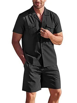Мужская повседневная льняная одежда из 2 предметов, летний пляжный комплект, рубашка на пуговицах с коротким рукавом, Шорты с завязками, костюм