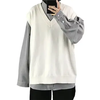 Мужской свитер с V образным вырезом, однотонный, без рукавов, универсальный весенний вязаный свитер Оверсайз в корейском стиле Харадзюку