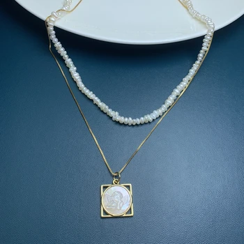 Натуральное нерегулярное ожерелье-чокер из пресноводного жемчуга для женщин, Белая морская раковина, подвеска в виде Ангела, Двойные многослойные ювелирные изделия