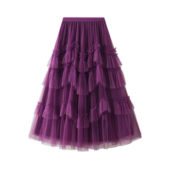 Новая весенне-летняя длинная юбка из тюля, Женские корейские шикарные универсальные плиссированные юбки, Женская серая юбка-пачка с патчами