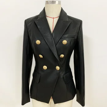 Новейшая дизайнерская куртка Осень-Зима 2023, женская куртка со львиными металлическими пуговицами, Двубортный блейзер из синтетической кожи, пальто