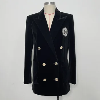 Новейшая модная дизайнерская куртка HIGH STREET 2023, Женский значок, расшитый бисером, двубортный бархатный длинный блейзер