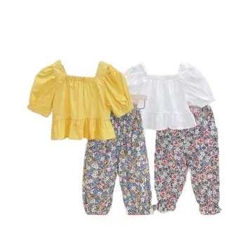 Новые летние костюмы из 2 предметов с короткими рукавами для девочек, корейская детская футболка, топ + штаны от комаров, комплекты детской одежды, костюм