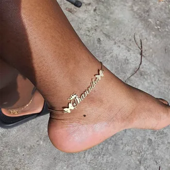 Ножные браслеты с индивидуальным названием Для женщин, Персонализированный ножной браслет из нержавеющей стали Золотого цвета, браслет на ногу, цепочка для ног, ювелирные изделия