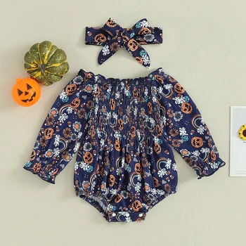 Одежда для новорожденных девочек на Хэллоуин, комбинезон с длинными рукавами и принтом тыквы, повязка на голову с бантом, одежда для малышей