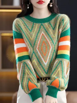 Осенне-зимний утепленный Винтажный вязаный свитер Y2K с пышными рукавами и круглым вырезом, Пуловеры из чистой шерсти, Модные Женские повседневные Свободные джемперы, топ