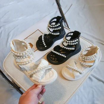 Римская обувь для маленьких девочек, детские сандалии для девочек, Лето 2023, Модная обувь Принцессы для девочек с бисером, Детские сандалии на плоской подошве, Бесплатная доставка