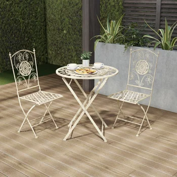 Роскошный домашний складной набор для бистро - Стол и стулья из 3 предметов с решеткой и цветочным дизайном - Уличная мебель для сада